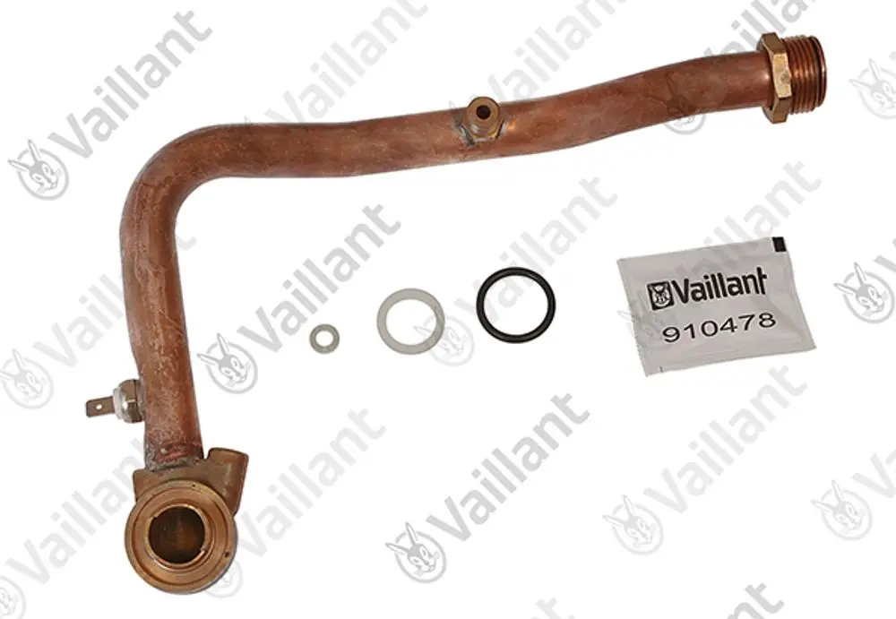 Vaillant Rohr in gebogener Form mit verschiedenen Dichtungen und Zubehörteilen auf hellem Hintergrund.